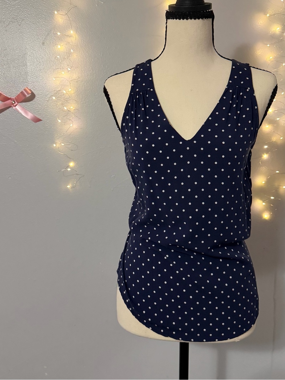 Old Navy Navy and White Polka Dot V-Neck Camisole